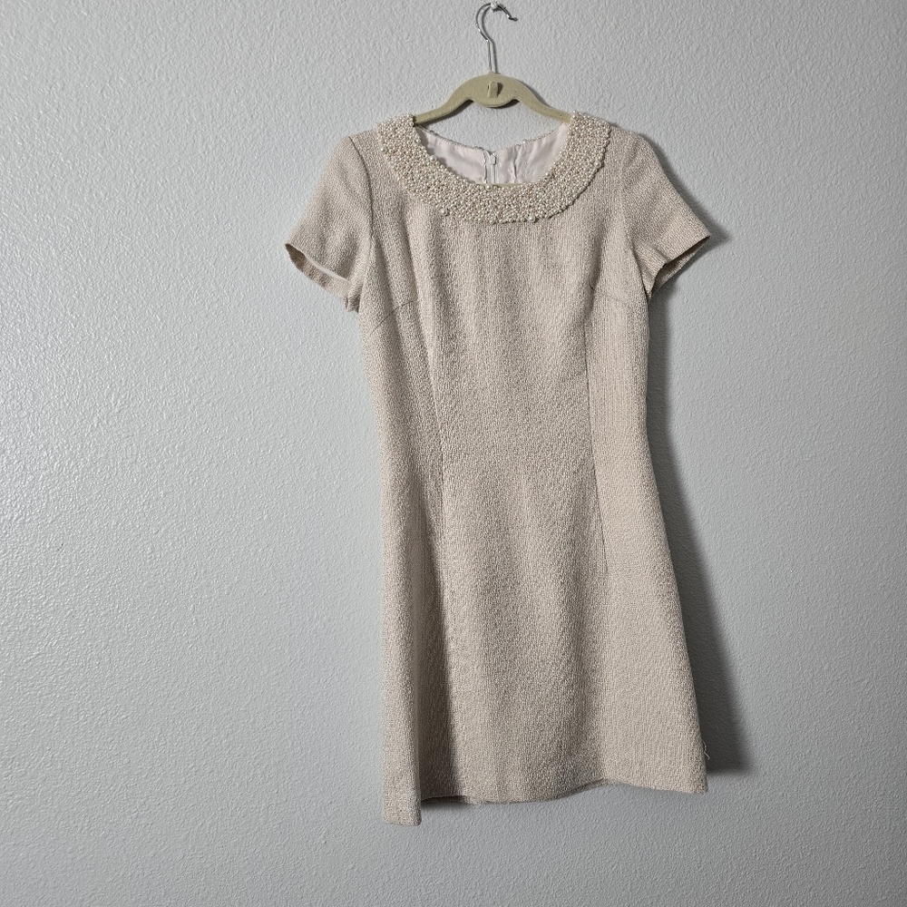 Beaded Neck Short Sleeve Cream Women's Dress Sz S